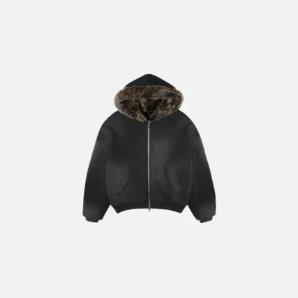Faux Fur Lined Sun Faded Zip Up Hoodie
